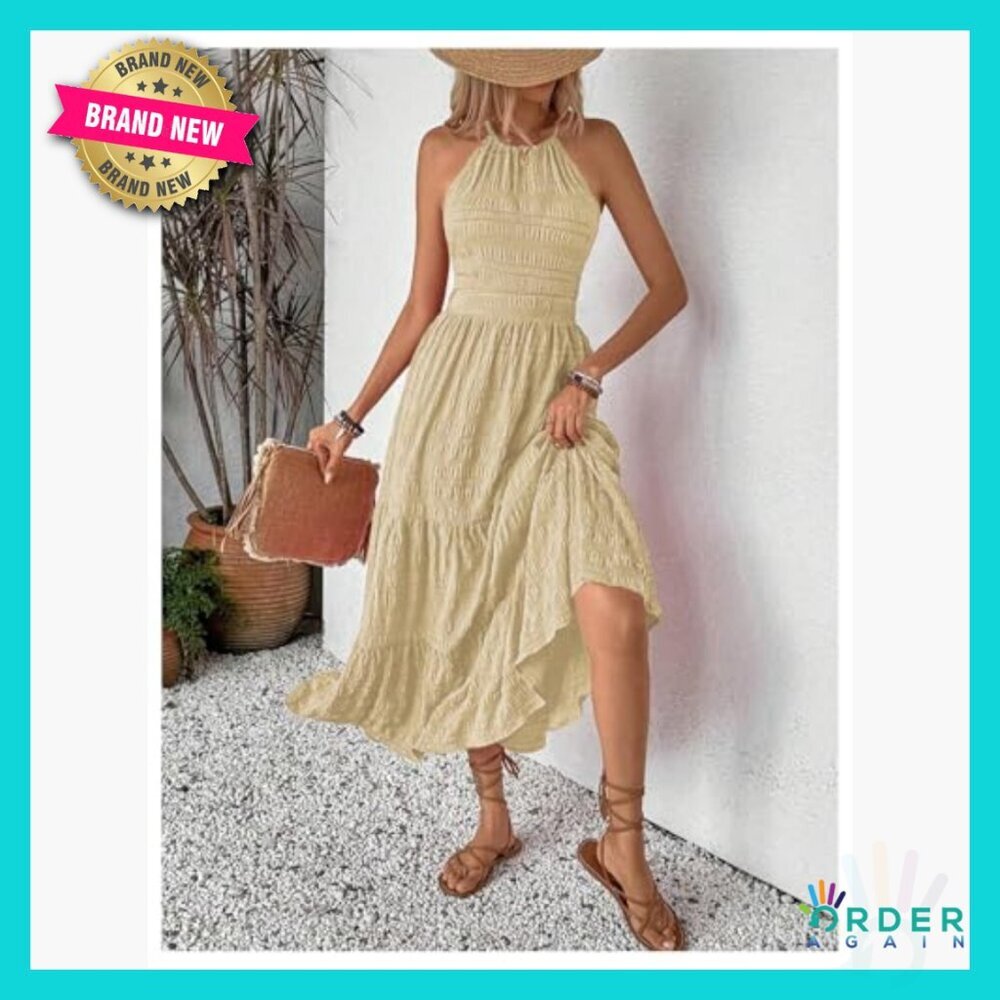 Halter Backless A-Line Maxi Dress Ruffle Hem Flowy Summer Boho Chic - Picture 6 of 6